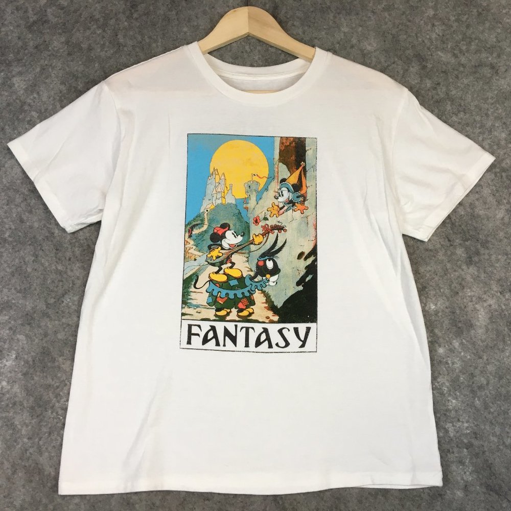 Disney T Shirt L Adult White Fantasy Vintage Print Mickey Minnie Short Sleeve